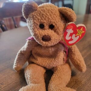 Ty Tan Teddy Bear Plush with Pink Ribbon 8"